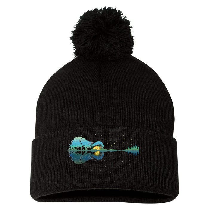 retro Guitar Lake Reflections Night Sky and Moon Pom Pom 12in Knit Beanie