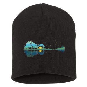 retro Guitar Lake Reflections Night Sky and Moon Short Acrylic Beanie