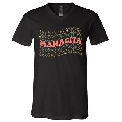 Retro Groovy Mamacita Mexican Mom Mothers Day Cinco De Mayo V-Neck T-Shirt