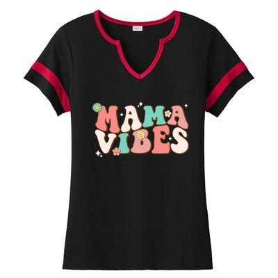 Retro Groovy Mama Vibes Mothers Day Hippie Mommy Trendy Cute Gift Ladies Halftime Notch Neck Tee