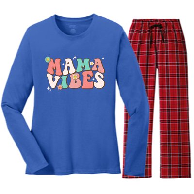 Retro Groovy Mama Vibes Mothers Day Hippie Mommy Trendy Cute Gift Women's Long Sleeve Flannel Pajama Set 