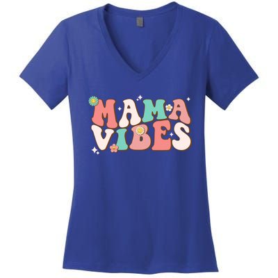 Retro Groovy Mama Vibes Mothers Day Hippie Mommy Trendy Cute Gift Women's V-Neck T-Shirt