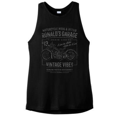 RonaldS Garage Motorcycle Design For The Name Ronald Ladies PosiCharge Tri-Blend Wicking Tank