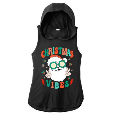 Retro Groovy Merry Christmas Vibes Funny Santa Claus Holiday Ladies PosiCharge Tri-Blend Wicking Draft Hoodie Tank