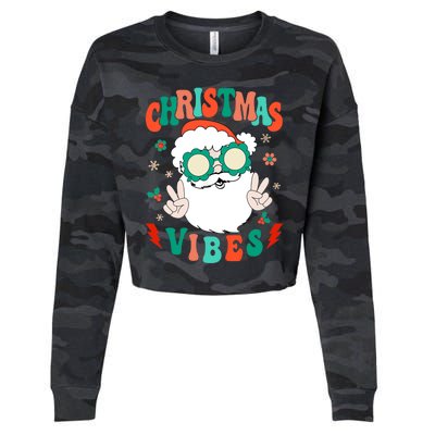 Retro Groovy Merry Christmas Vibes Funny Santa Claus Holiday Cropped Pullover Crew