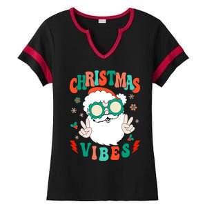 Retro Groovy Merry Christmas Vibes Funny Santa Claus Holiday Ladies Halftime Notch Neck Tee