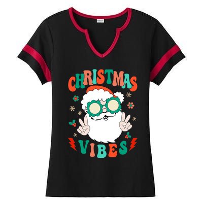 Retro Groovy Merry Christmas Vibes Funny Santa Claus Holiday Ladies Halftime Notch Neck Tee