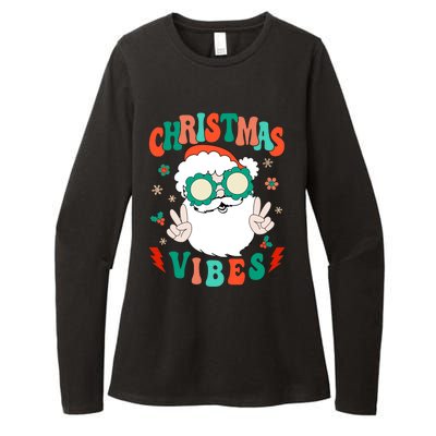 Retro Groovy Merry Christmas Vibes Funny Santa Claus Holiday Womens CVC Long Sleeve Shirt