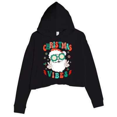 Retro Groovy Merry Christmas Vibes Funny Santa Claus Holiday Crop Fleece Hoodie