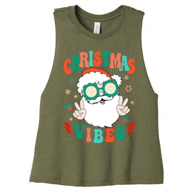 Retro Groovy Merry Christmas Vibes Funny Santa Claus Holiday Women's Racerback Cropped Tank