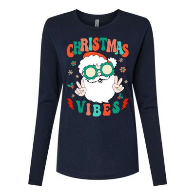 Retro Groovy Merry Christmas Vibes Funny Santa Claus Holiday Womens Cotton Relaxed Long Sleeve T-Shirt