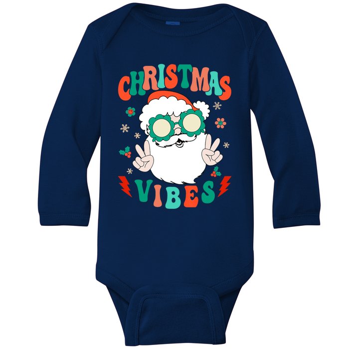 Retro Groovy Merry Christmas Vibes Funny Santa Claus Holiday Baby Long Sleeve Bodysuit