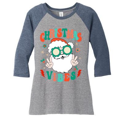 Retro Groovy Merry Christmas Vibes Funny Santa Claus Holiday Women's Tri-Blend 3/4-Sleeve Raglan Shirt