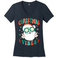 Retro Groovy Merry Christmas Vibes Funny Santa Claus Holiday Women's V-Neck T-Shirt