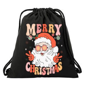 Retro Groovy Merry Christmas Trendy Santa Claus Holiday Drawstring Bag