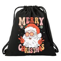 Retro Groovy Merry Christmas Trendy Santa Claus Holiday Drawstring Bag