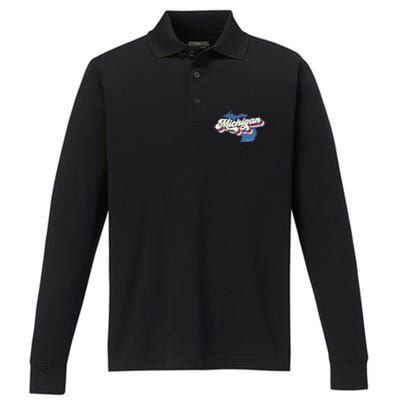 Retro Groovy Michigan Performance Long Sleeve Polo