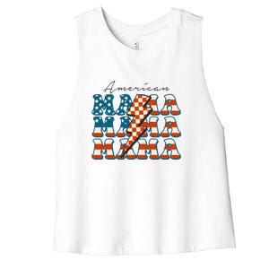 Retro Groovy Mama American 4th Of July Patriotic Mom Womens Gift Women's Racerback Cropped Tank