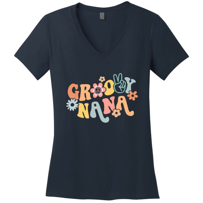 Retro Groovy Nana Matching Family 1st Birthday Party Women's V-Neck T-Shirt