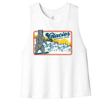 Retro Glacier National Park 80S Bear Graphic 80s Gift Women's Racerback Cropped Tank