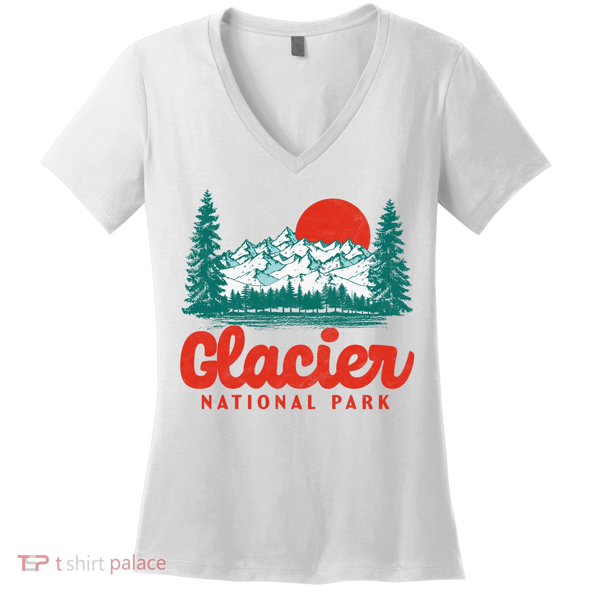 Retro Glacier National Park 80's Mountain Women's V-Neck T-Shirt