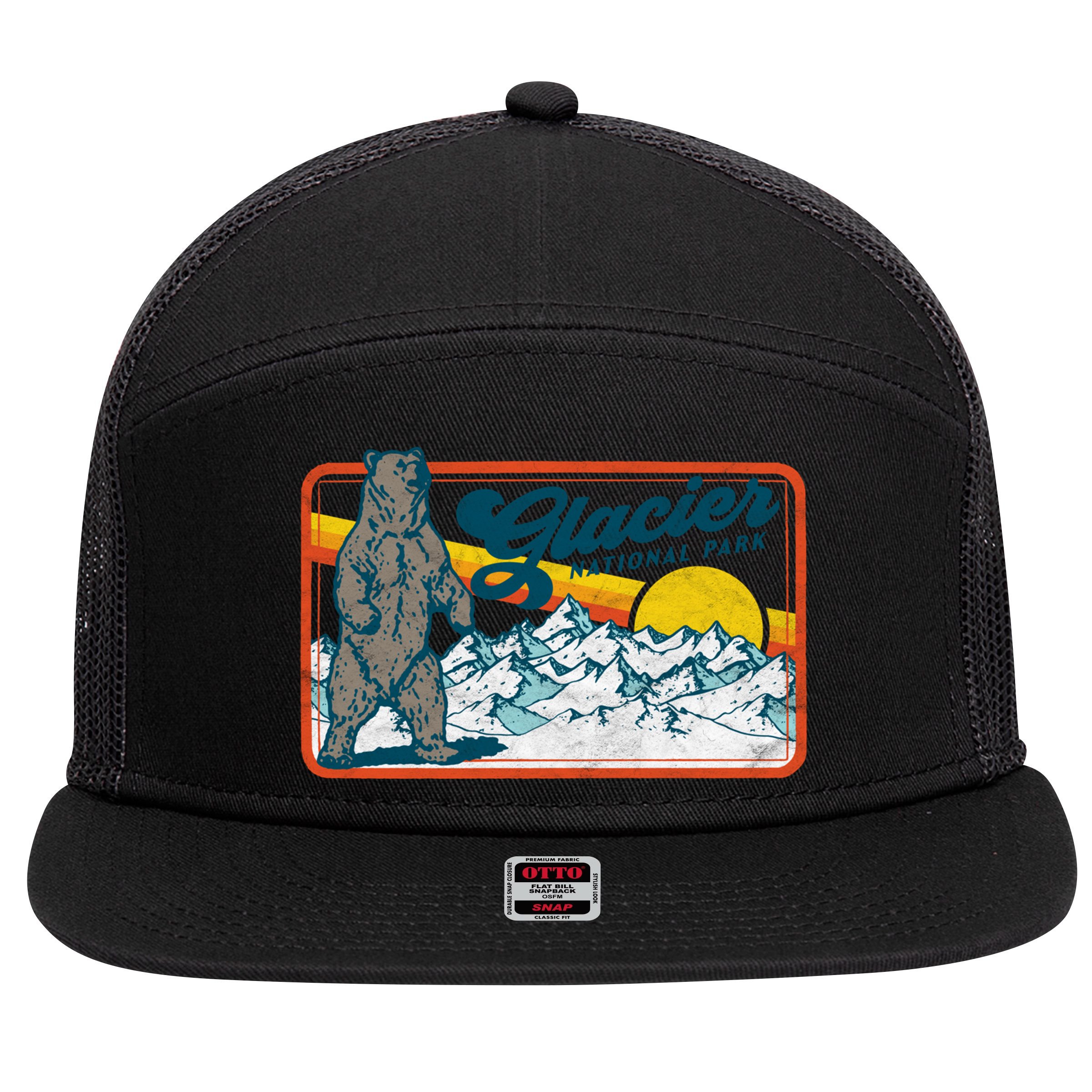Retro Glacier National Park 80's Bear Graphic 80s Meaningful Gift 7 Panel Mesh Trucker Snapback Hat