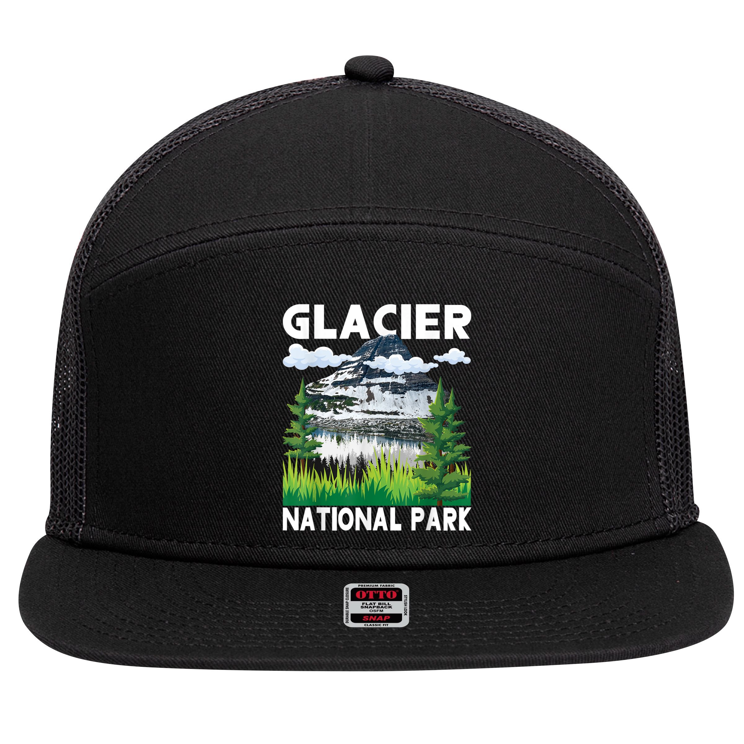 Retro Glacier National Park Hiking & Camping Lover 7 Panel Mesh Trucker Snapback Hat