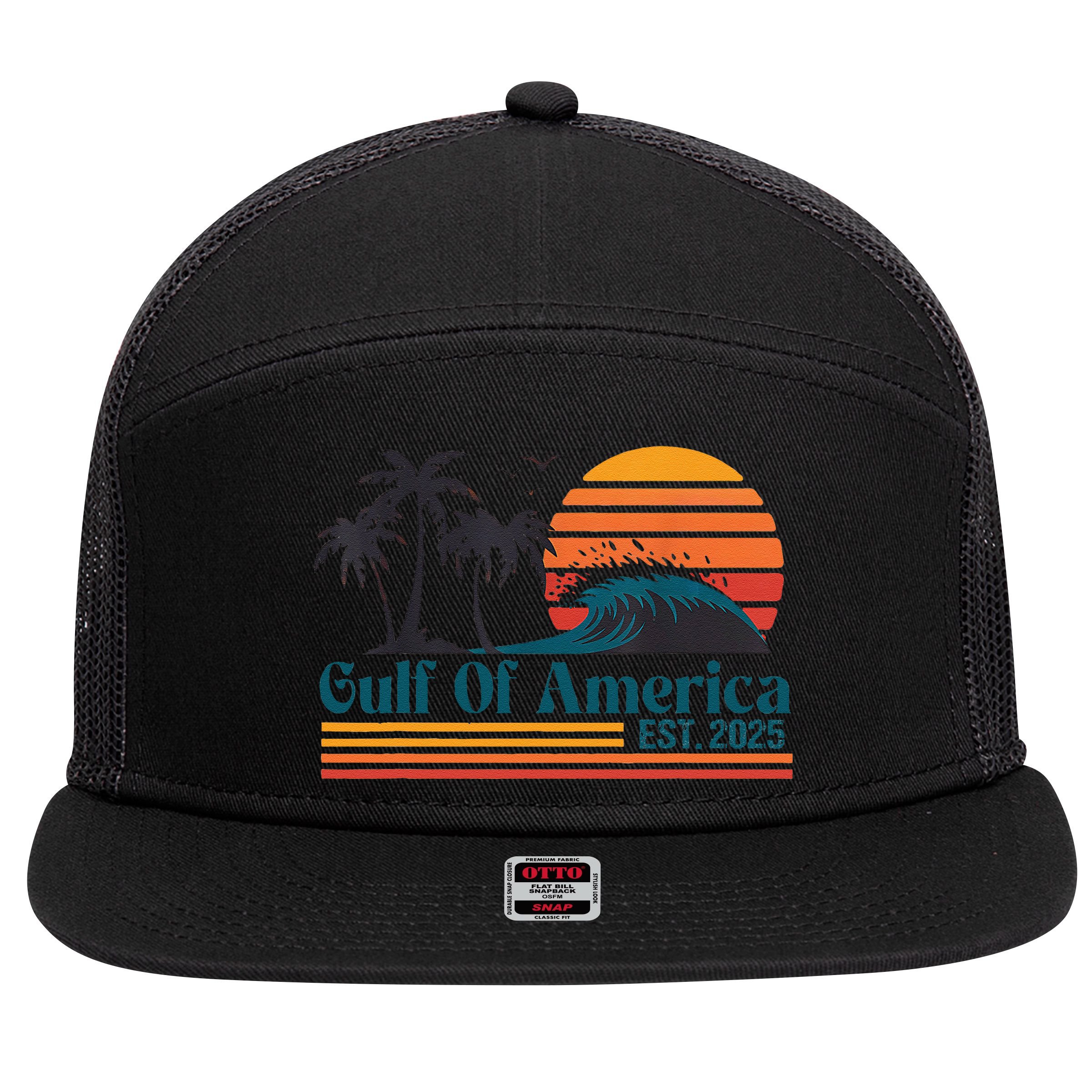 Retro Gulf Of Usa America Est 2025 American Flag 7 Panel Mesh Trucker Snapback Hat