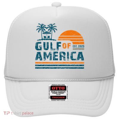 Retro Gulf Of USA America Est 2025 American Flag Gulf Mexico High Crown Mesh Back Trucker Hat