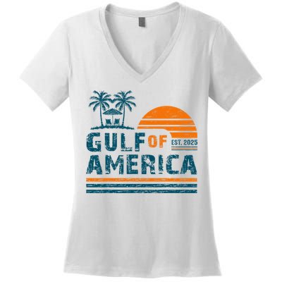 Retro Gulf Of USA America Est 2025 American Flag Gulf Mexico Women's V-Neck T-Shirt