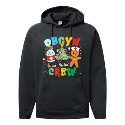 Retro Groovy Obgyn Crew Christmas Tree Latte Drink Ob Gyn Performance Fleece Hoodie