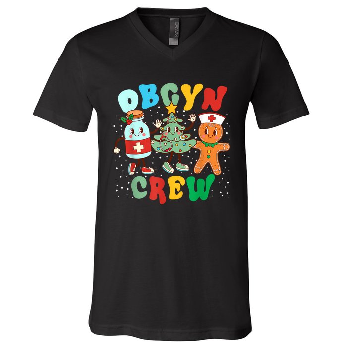 Retro Groovy Obgyn Crew Christmas Tree Latte Drink Ob Gyn V-Neck T-Shirt