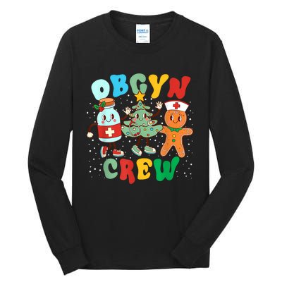 Retro Groovy Obgyn Crew Christmas Tree Latte Drink Ob Gyn Tall Long Sleeve T-Shirt