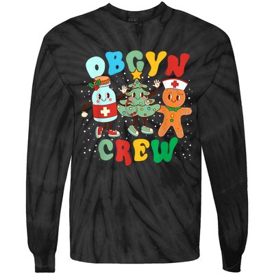 Retro Groovy Obgyn Crew Christmas Tree Latte Drink Ob Gyn Tie-Dye Long Sleeve Shirt