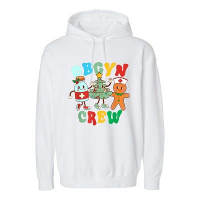 Retro Groovy Obgyn Crew Christmas Tree Latte Drink Ob Gyn Garment-Dyed Fleece Hoodie