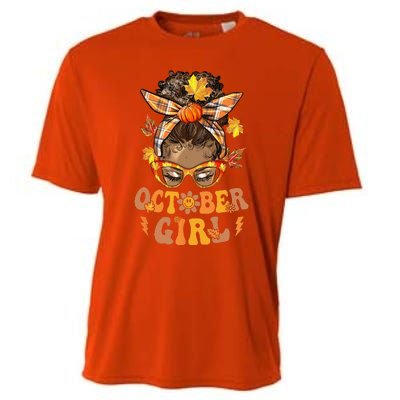 Retro Groovy October Messy Bun Halloween Thanksgiving Cooling Performance Crew T-Shirt