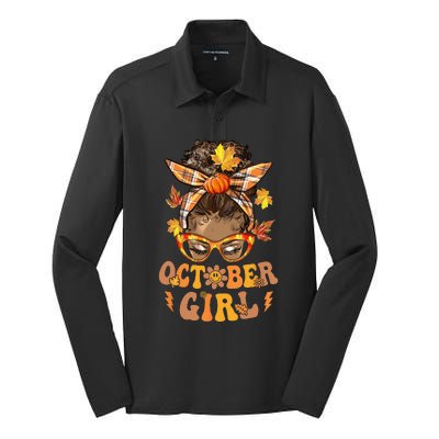 Retro Groovy October Messy Bun Halloween Thanksgiving Silk Touch Performance Long Sleeve Polo