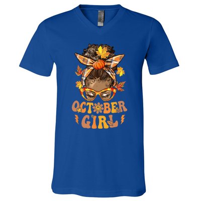 Retro Groovy October Messy Bun Halloween Thanksgiving V-Neck T-Shirt