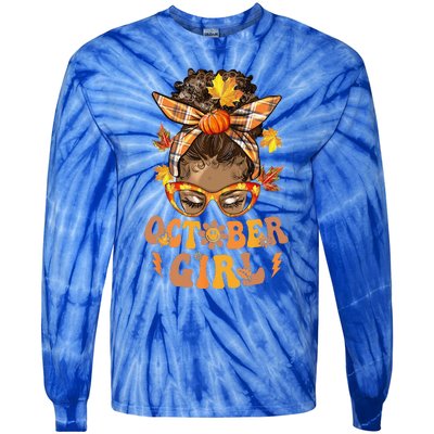 Retro Groovy October Messy Bun Halloween Thanksgiving Tie-Dye Long Sleeve Shirt