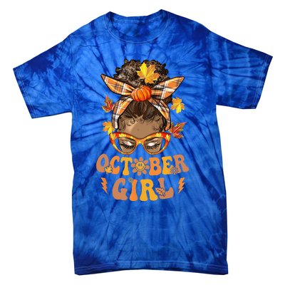 Retro Groovy October Messy Bun Halloween Thanksgiving Tie-Dye T-Shirt