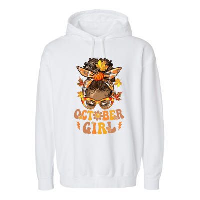 Retro Groovy October Messy Bun Halloween Thanksgiving Garment-Dyed Fleece Hoodie