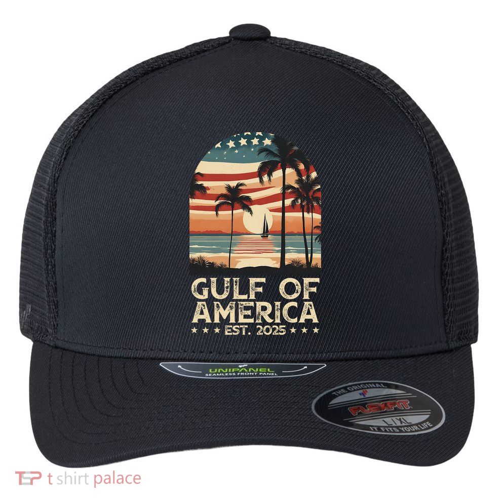Retro Gulf Of Usa America Est 2025 American Flag Gulf Mexico Flexfit Unipanel Trucker Cap