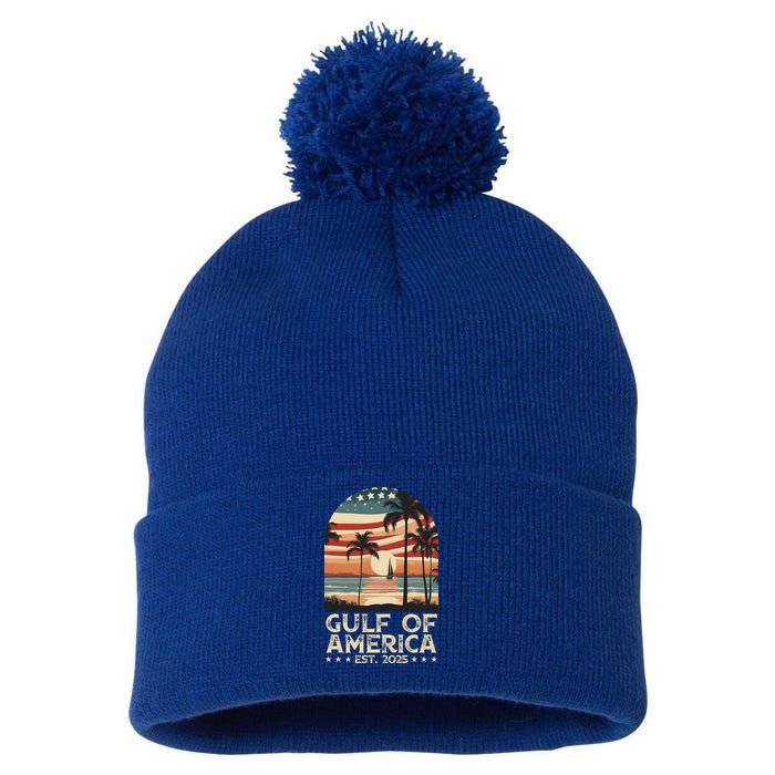 Retro Gulf Of Usa America Est 2025 American Flag Gulf Mexico Pom Pom 12in Knit Beanie