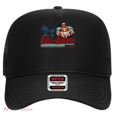 Retro Gulf Of USA America Est 2025 American Flag Gulf High Crown Mesh Back Trucker Hat