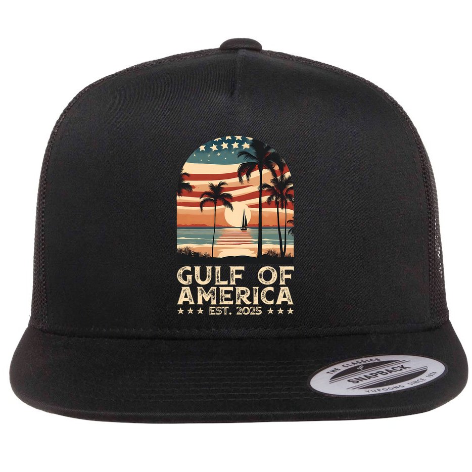 Retro Gulf Of Usa America Est 2025 American Flag Gulf Mexico President Trump Flat Bill Trucker Hat