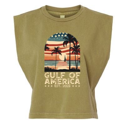 Retro Gulf Of Usa America Est 2025 American Flag Gulf Mexico President Trump Garment-Dyed Women's Muscle Tee