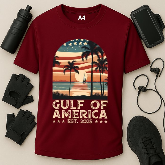 Retro Gulf Of Usa America Est 2025 American Flag Gulf Mexico President Trump Cooling Performance Crew T-Shirt