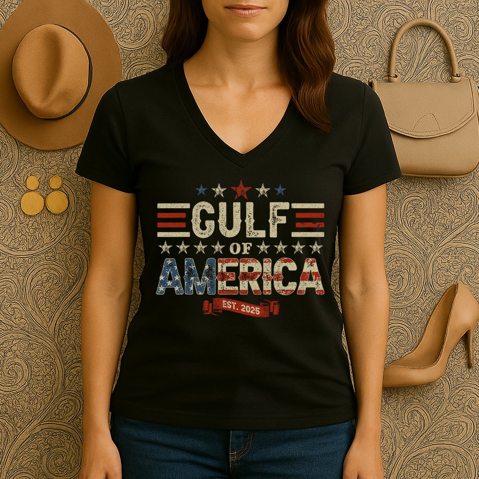 Retro Gulf Of USA America Est 2025 American Flag Gulf Mexico Women's V-Neck T-Shirt