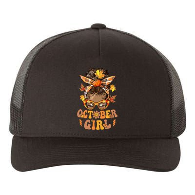 Retro Groovy October Girl Messy Bun Halloween Thanksgiving Yupoong Adult 5-Panel Trucker Hat