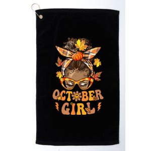 Retro Groovy October Girl Messy Bun Halloween Thanksgiving Platinum Collection Golf Towel